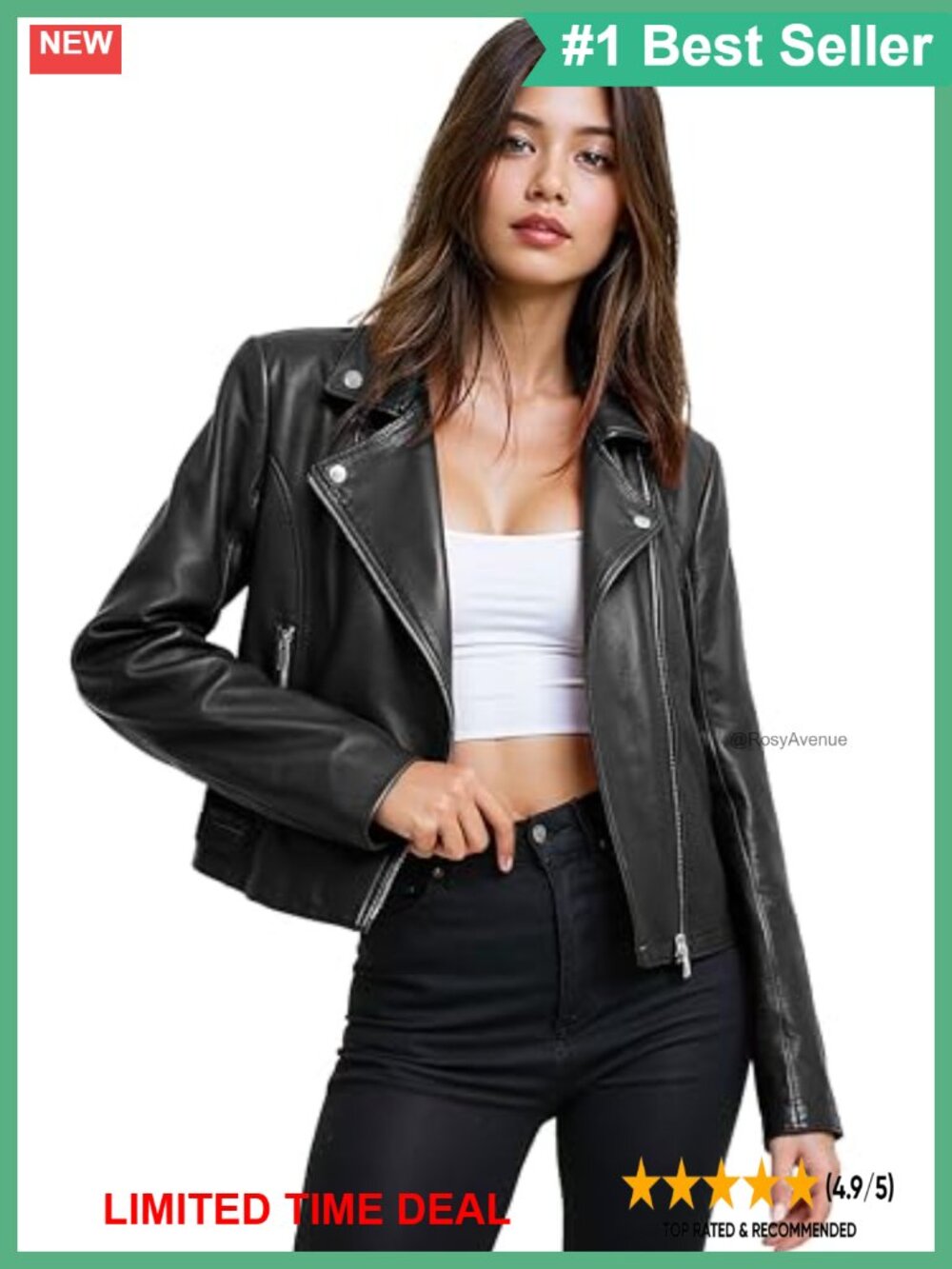 Faux Leather Moto Biker Jacket Zip Up Slim Fit Band Collar Womens